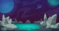 Space background. Game UI cartoon planet landscape, desert with rocks and stones. Vector alien cosmic backdrop with