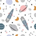 Space background hand drawn stars and rockets seamless vector pattern in cartoon style for kids used for printing wallpaper, Royalty Free Stock Photo