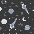 Space background illustration with stars and rockets seamless vector pattern hand-drawn in cartoon