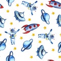 Hand drawn with pencil watercolor Space Background for Kids. Cartoon Rockets, Planets, Stars, Astronaut, Comets and UFOs