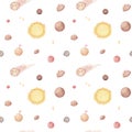 Space Background for Kids. Watercolor Seamless Pattern with Cartoon, Planets, Stars, Sun, Comets and Meteorites.