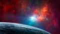 Space background. Night earth planet with colorful fractal nebula. Elements furnished by NASA. 3D rendering