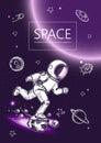 Space background. Outline astronaut, planets, satellites, flying saucers. Astronaut is running in space.