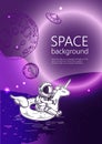 Space background. Outline astronaut, planets, satellites, flying saucers. Astronaut swim on swimming circle of a unicorn