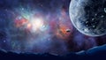 Space background. Planet with asteroid and mountain land silhouette in colorful nebula. Elements furnished by NASA. 3D rendering