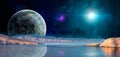 Space background. Planet and colorful nebula with mountain reflection in water, sea. Photo manipulation, elements furnished by Royalty Free Stock Photo