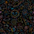 Space Background. Planets of the solar system. Rockets and astronauts. Seamless Pattern for your design