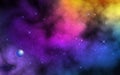 Space background. Realistic color nebula with shining stars and planet. Colorful galaxy with stardust. Abstract