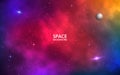 Space background. Realistic colorful galaxy. Color nebula with shining stars, stardust and planet. Abstract futuristic