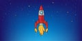 Space background with red rocket linear illustration