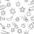 Space background. Seamless pattern. Planets and stars. Beautiful space object. Simple doodle drawing in childish style