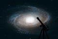 Space background with silhouette of telescope. Bode`s Galaxy