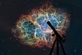 Space background with silhouette of telescope. Crab Nebula Royalty Free Stock Photo