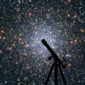 Space background with silhouette of telescope. Globular cluster
