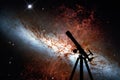 Space background with silhouette of telescope. Messier 82