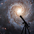 Space background with silhouette of telescope. Messier 74