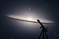 Space background with silhouette of telescope. Sombrero Galaxy