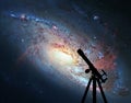 Space background with silhouette of telescope. Spiral Galaxy