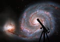 Space background with silhouette of telescope. Whirlpool Galaxy. Royalty Free Stock Photo