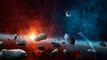 Space background. Spaceship fly in asteroid to planet with colorful nebula and stars. Elements furnished by NASA. 3D rendering Royalty Free Stock Photo