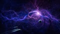 Space background. Spaceships fly to planet with colorful fractal blue and purple nebula. Elements furnished by NASA. 3D rendering Royalty Free Stock Photo