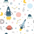 Space background with stars and rockets seamless vector pattern for kids hand drawn in cartoon style