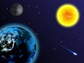 Space background. The sun, earth, moon and comet on a black background. Royalty Free Stock Photo