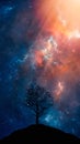 Space background. Tree and hill land silhouette with colorful nebula with two planet. Digital painting Royalty Free Stock Photo