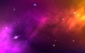 Space background. Yellow colorful galaxy. Realistic purple nebula with stardust and planet. Shining stars in cosmos