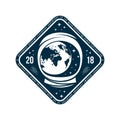 Space badge with astronaut helmet and planet Earth in view from the the space. Vintage astronaut label Royalty Free Stock Photo