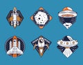 Space badge icons collection include spaceship moon ufo on blue background