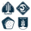 Space badges with astronaut helmet, rocket launch and moon. Set of vintage astronaut label