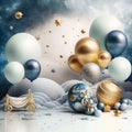 space balloones planets and space ships as birthday baby photography backdrop, bege and blue metallic balloons, gold stars Royalty Free Stock Photo