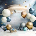 space balloones planets and space ships as birthday baby photography backdrop, bege and blue metallic balloons, gold stars Royalty Free Stock Photo