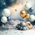 space balloones planets and space ships as birthday baby photography backdrop, bege and blue metallic balloons, gold stars