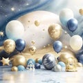 space balloones planets and space ships as birthday baby photography backdrop, bege and blue metallic balloons, gold stars Royalty Free Stock Photo