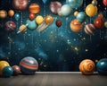 Space balloones planets and space ships as birthday backdrop.