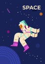 Space banner with astronaut or cosmonaut in starry sky, vector illustration. Royalty Free Stock Photo