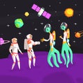 Space Banner Template, Astronauts and Aliens Handshaking on Unknown Planet in Outer Space Vector illustration Royalty Free Stock Photo