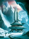 space base on alien frozen planet with mountains, generative ai illustration, science fiction scenery,