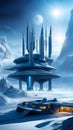 space base on alien frozen planet with mountains, snow and ice, generative ai illustration, science fiction scenery Royalty Free Stock Photo