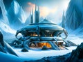 space base on alien frozen planet with mountains, snow and ice, generative ai illustration, science fiction scenery