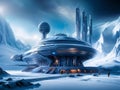 space base on alien frozen planet with mountains, snow and ice, generative ai illustration, science fiction scenery Royalty Free Stock Photo