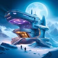 space base on alien frozen planet with mountains, snow and ice, generative ai illustration, science fiction scenery