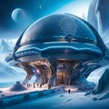 space base on alien frozen planet with mountains, snow and ice, generative ai illustration, science fiction scenery Royalty Free Stock Photo