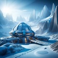 space base on alien frozen planet with mountains, snow and ice, generative ai illustration, science fiction scenery Royalty Free Stock Photo