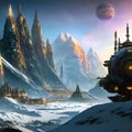 space base on alien frozen planet with mountains, snow and ice, generative ai illustration, science fiction scenery