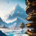 space base on alien frozen planet with mountains, snow and ice, generative ai illustration, science fiction scenery