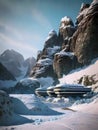 Space base on frozen alien planet, generative ai illustration, science fiction scenery