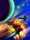 Space battle around an alien planet, 3d illustration